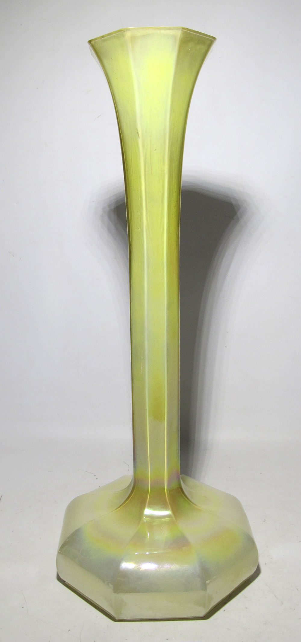 20" TALL Vintage Canary Yellow Iridescent Octagonal Cased Art Glass