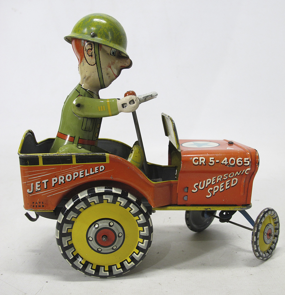 1940's Unique Art GI Joe Tin Litho Jouncing Vintage Wind Up Toy Jeep