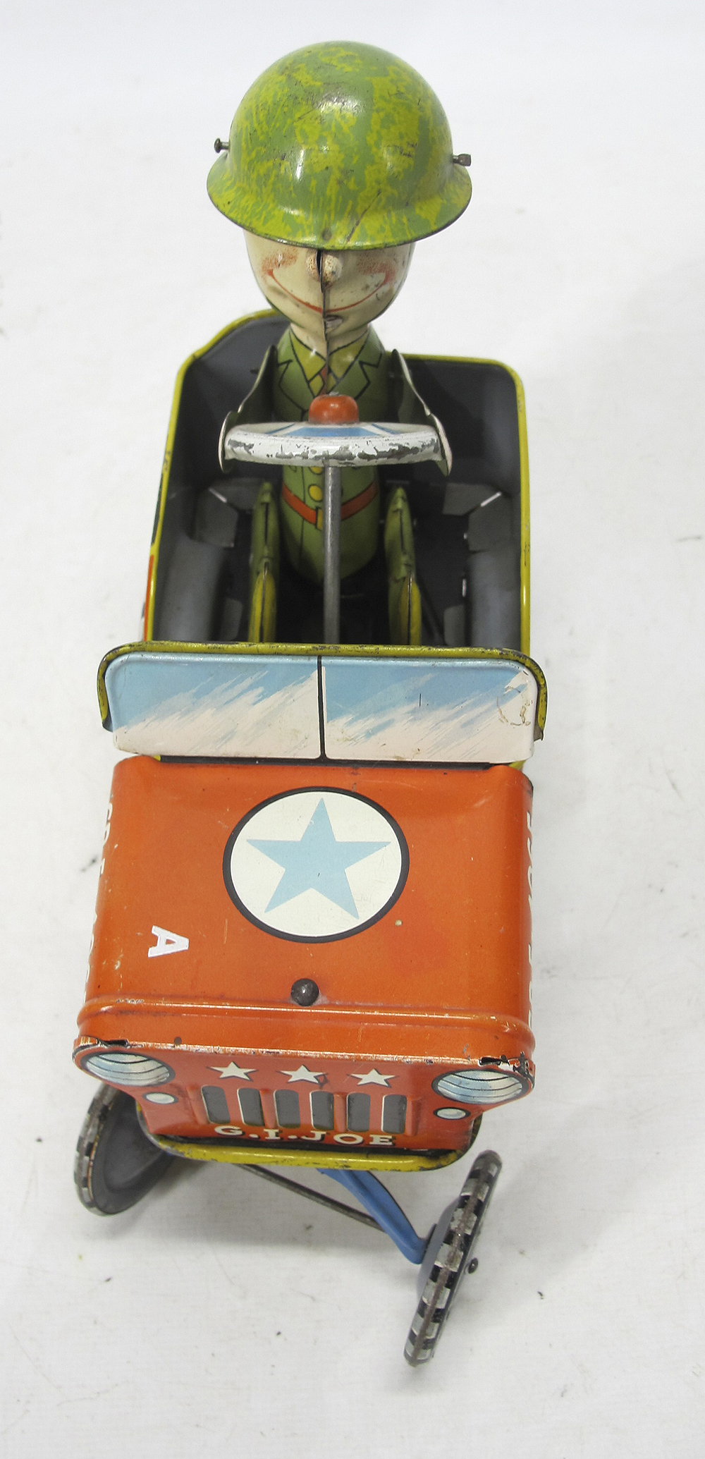 1940's Unique Art GI Joe Tin Litho Jouncing Vintage Wind Up Toy Jeep
